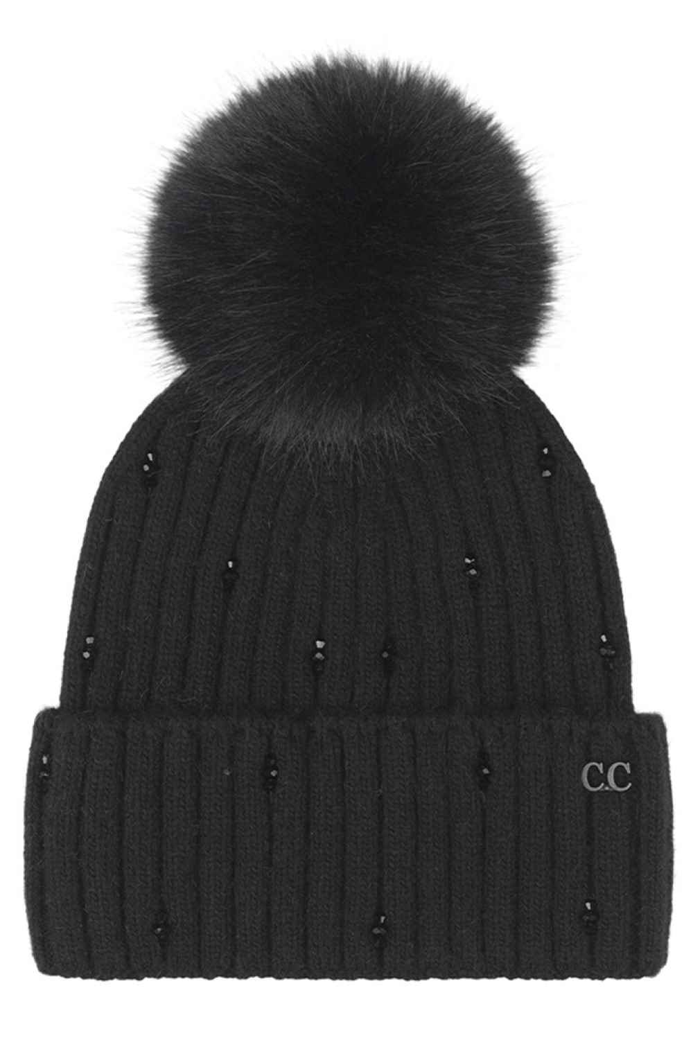 C.C Glass Bead Embellishment Faux Fur Pom Beanie