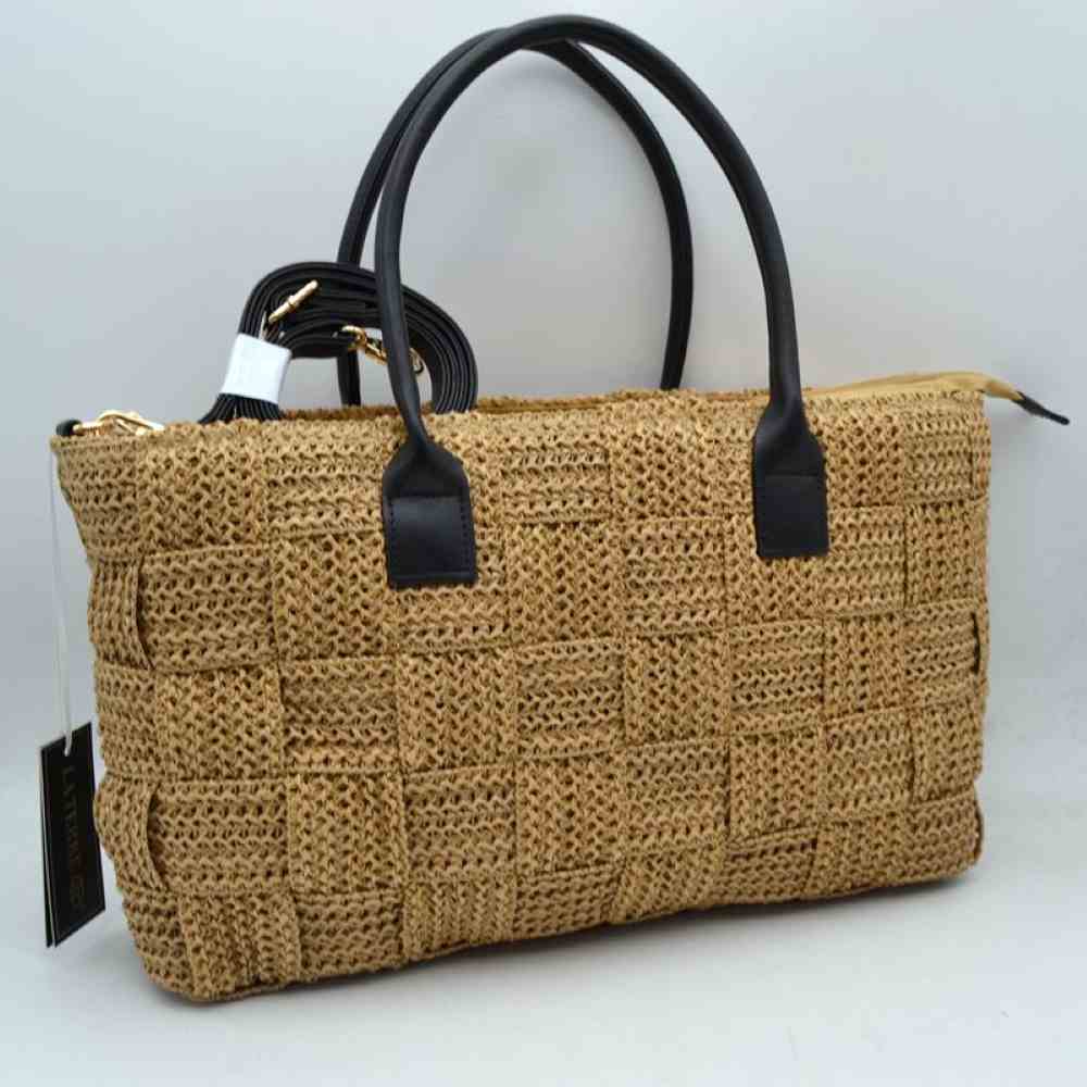 Chic Woven Straw Tote Bag with Faux Leather Handles