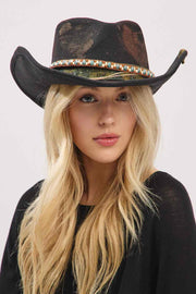 Distressed Fabric Band Rustic Cowgirl Fedora Hat