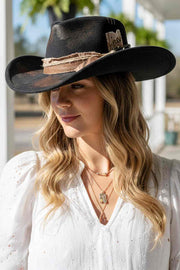 Distressed Fabric Band Rustic Cowgirl Fedora Hat