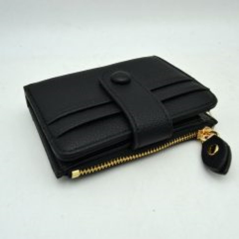 Pebbled Card Holder Wallet with Snap Button Strap and Zipper Pocket