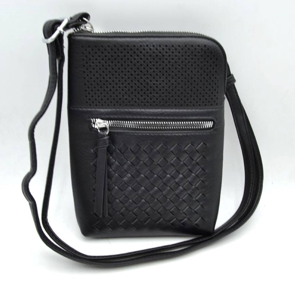 Crossbody Bag with Perforated Panel and Woven Front Detail