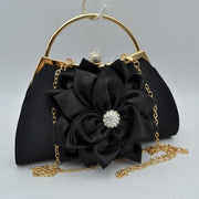Evening Clutch Bag with Large Fabric Flower and Metal Top Handle