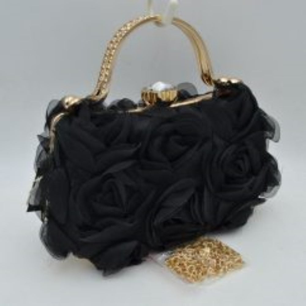 Floral Rosette Evening Minaudiere Clutch Bag with Rhinestone Clasp