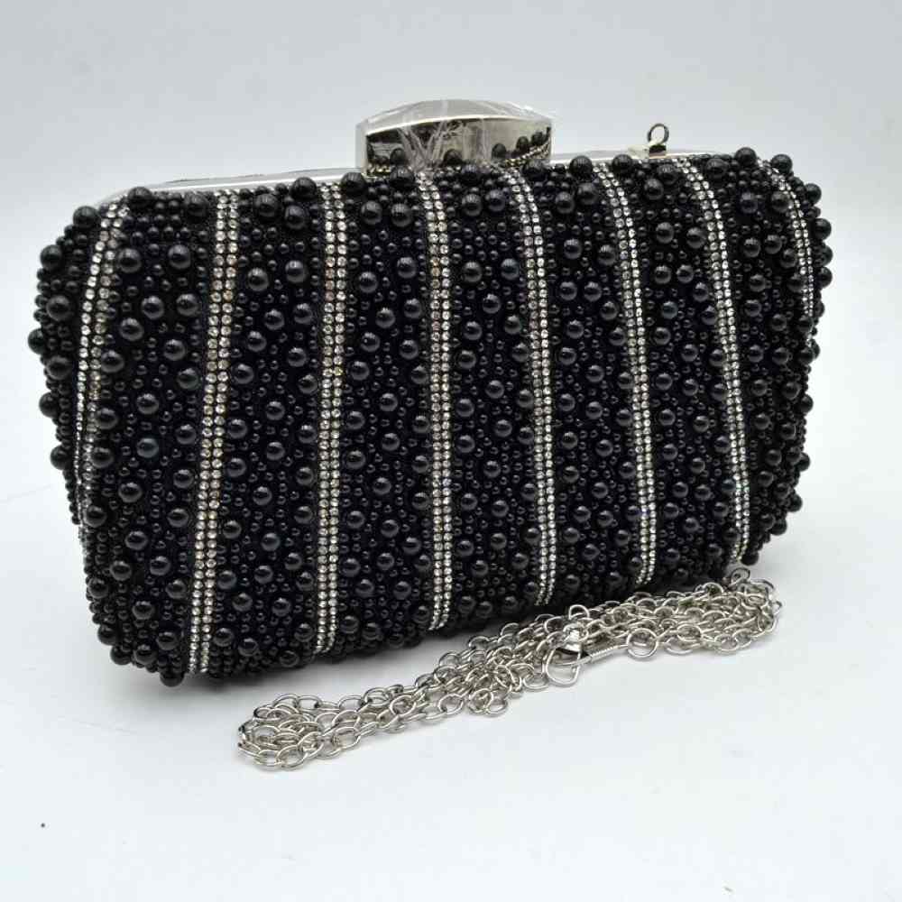 Beaded Evening Clutch Bag with Rhinestone Stripes and Chain Strap