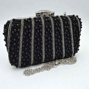 Beaded Evening Clutch Bag with Rhinestone Stripes and Chain Strap