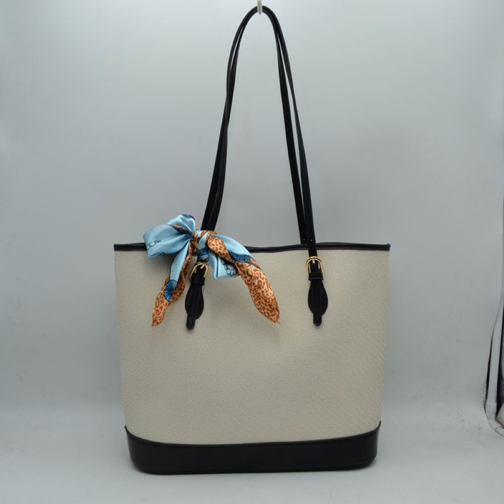 Elegant Textured Shoulder Tote Bag with Silk-Style Scarf Accent