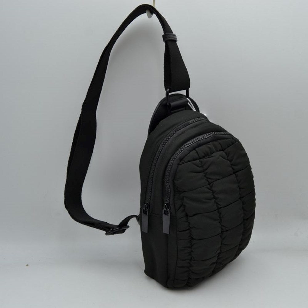 Ergonomic Puffer Sling Bag Multi-Zip Crossbody Backpack with Ruched Quilted Detail