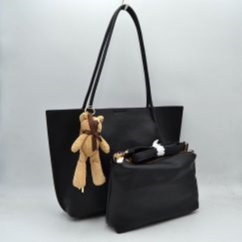 Pebbled Tote Bag with Dual Long Handles and Bear Charm Accent