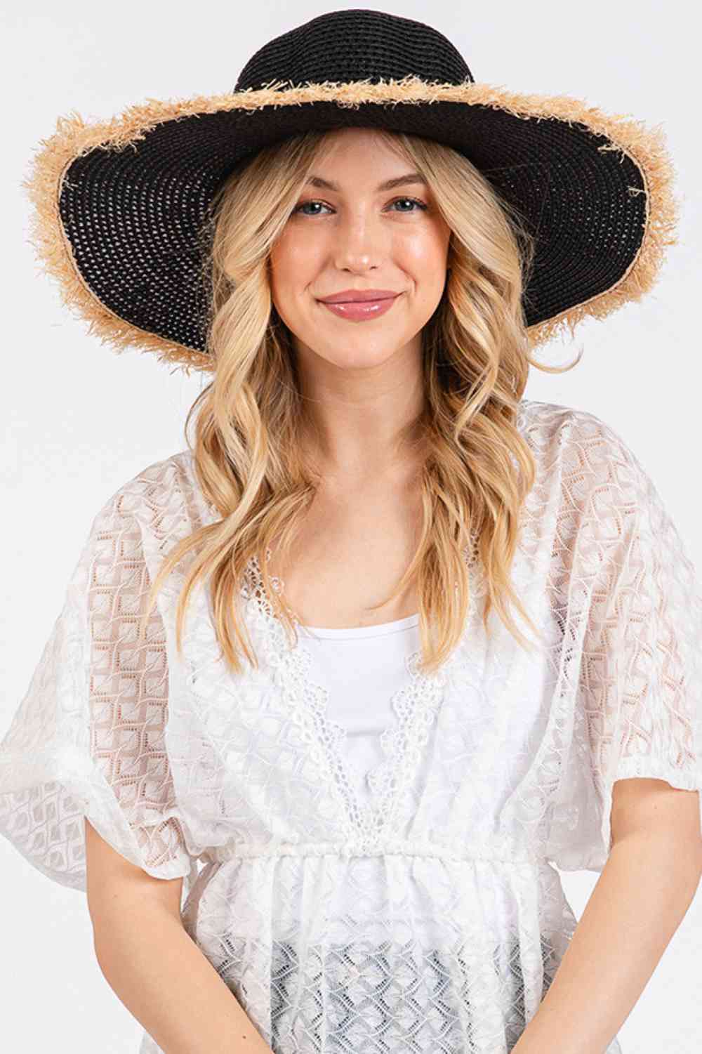 Frayed Edge Two Tone Floppy Summer Straw Hat