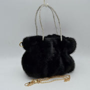 Plush Faux Fur Handbag with Rhinestone Handles and Chain Strap