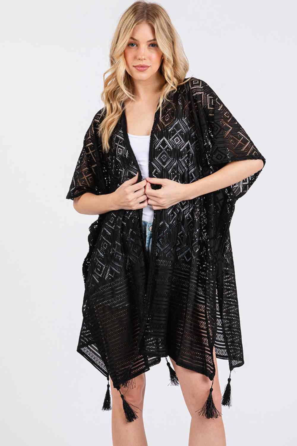 Geometric Pattern with Tassel Solid Cover Up