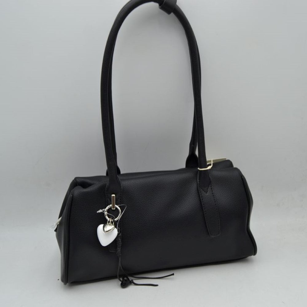 Classic Structured Shoulder Bag with Heart Charm Accent