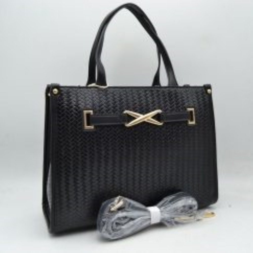 Woven Tote Bag with Decorative Gold Buckle and Crossbody Strap