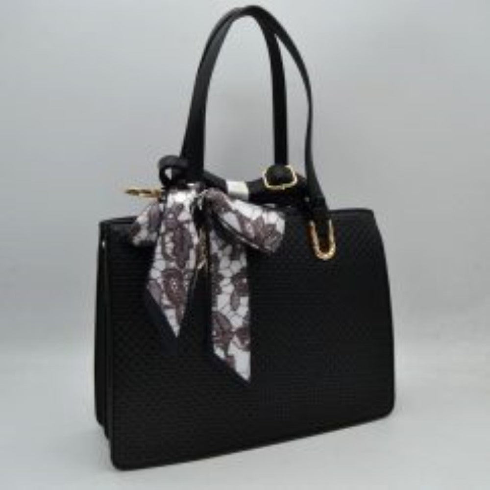 Woven Straw Satchel Bag with Detachable Shoulder Strap and Decorative Scarf Accent
