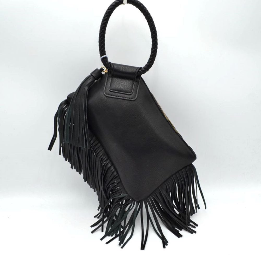 Fringe Accent Clutch Bag with Braided Circular Top Handle