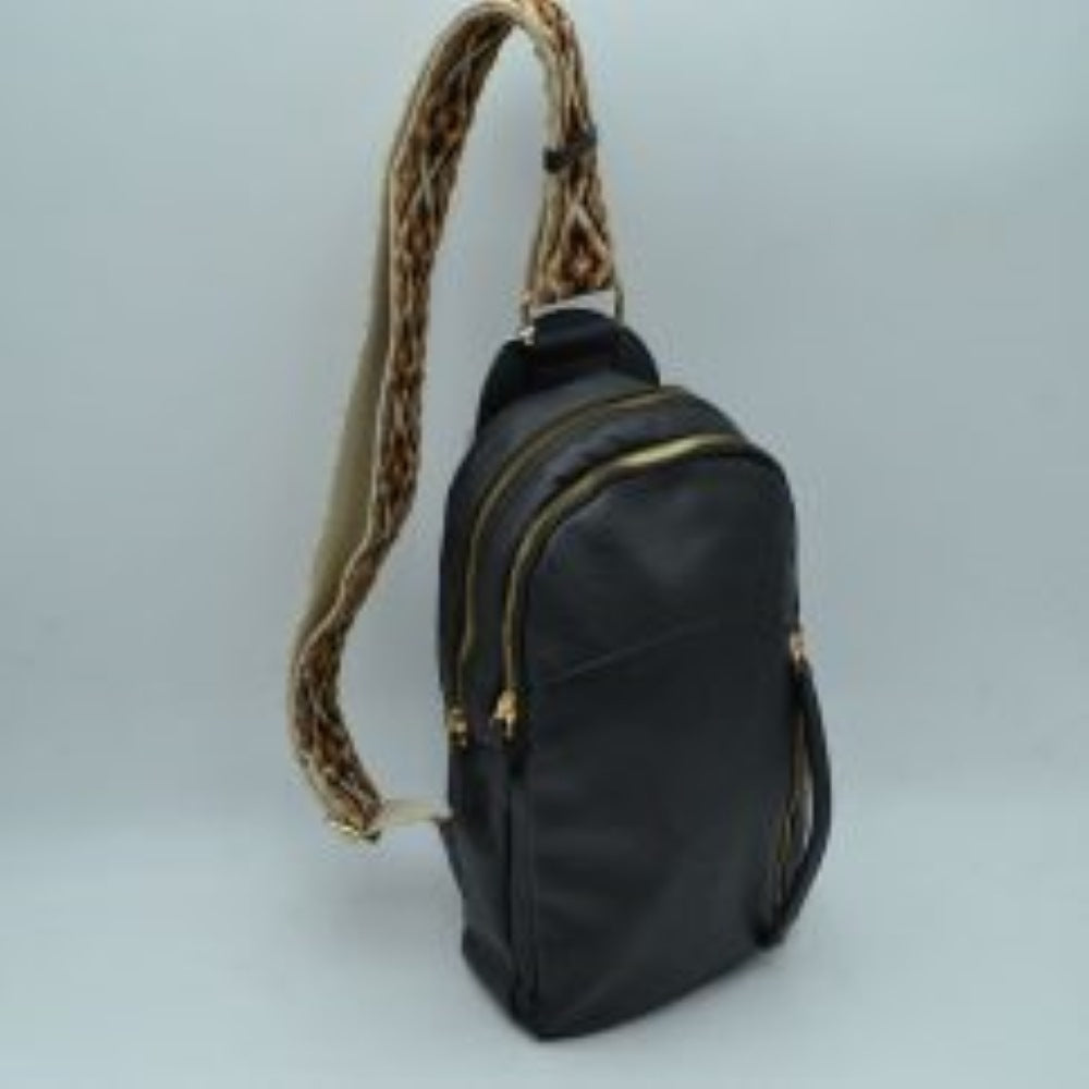 Multi-Zip Sling Backpack with Patterned Shoulder Strap