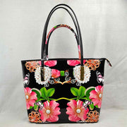 Glossy Patent Floral Tote Bag with Bow Accent and Double Handles