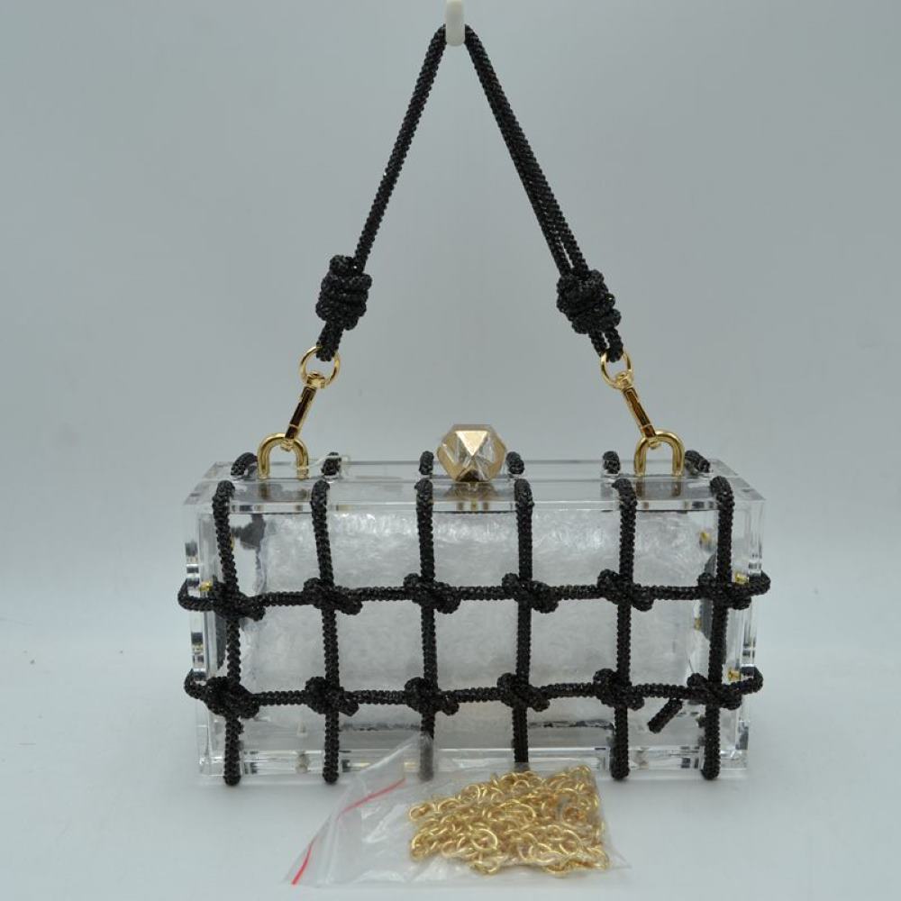 Box Clutch Bag with Cage Overlay and Cord Top Handle