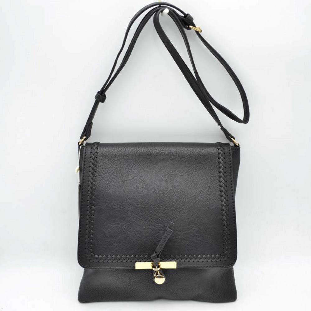 Braided Trim Flap Messenger Crossbody Bag with Metallic Bar T-Lock Closure