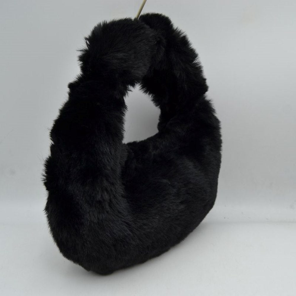 Fluffy Plush Crescent Hobo Handbag with Integrated Top Handle