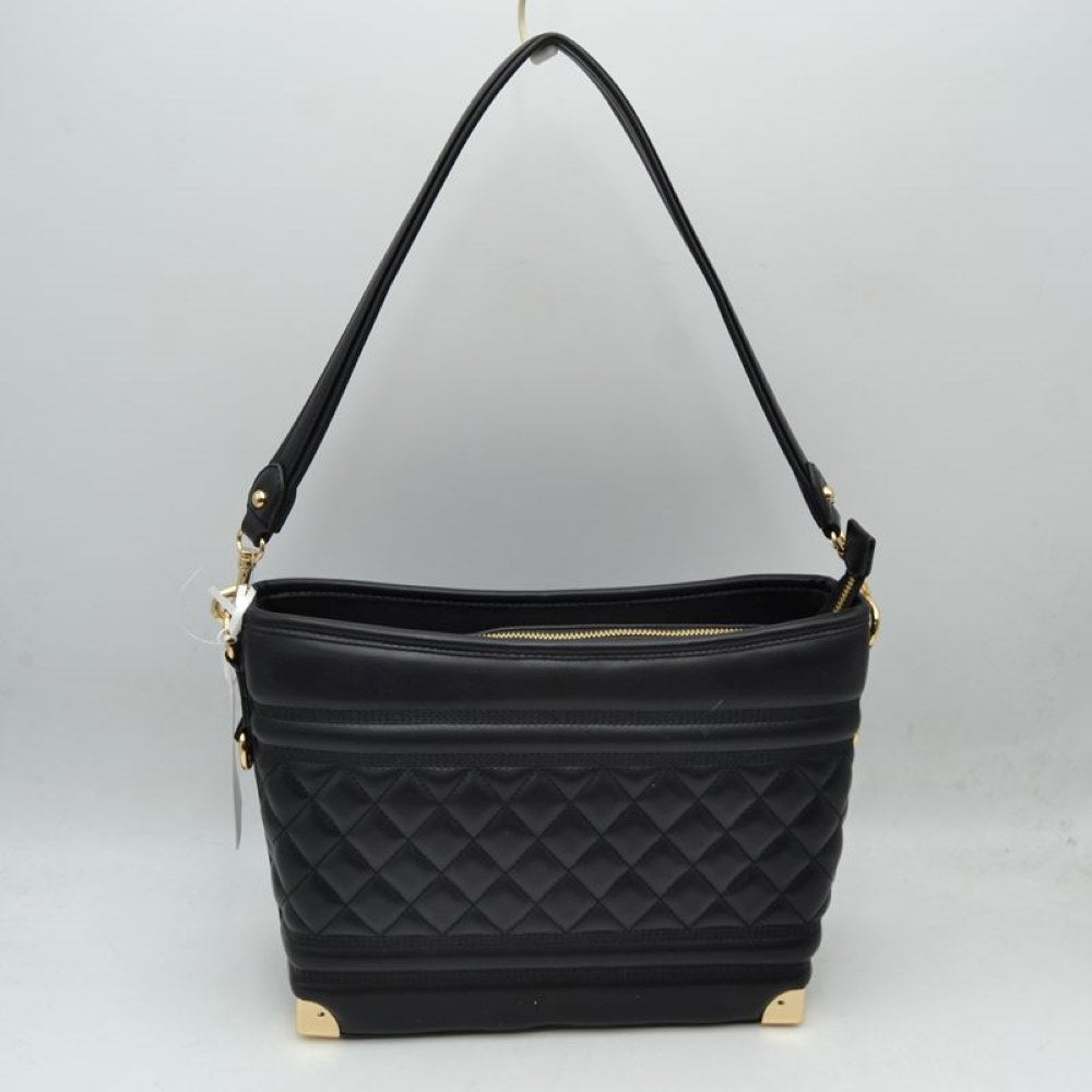 Quilted Diamond Pattern Shoulder Bag with Bottom Corner Accents