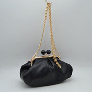 Ruched Kiss Lock Clutch Shoulder Bag with Detachable Gold Chain Strap