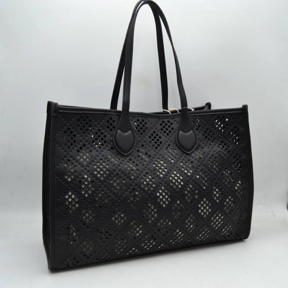 Midnight Perforated Lattice Tote – Elegant Laser-Cut Shoulder Bag