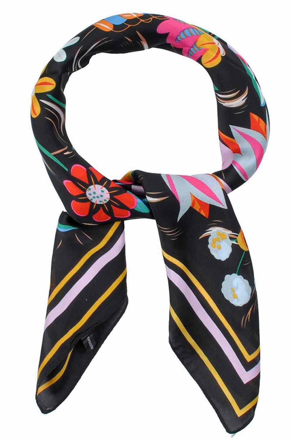 Multi Color Flowers with Color Stripes Edge Bandana Scarf