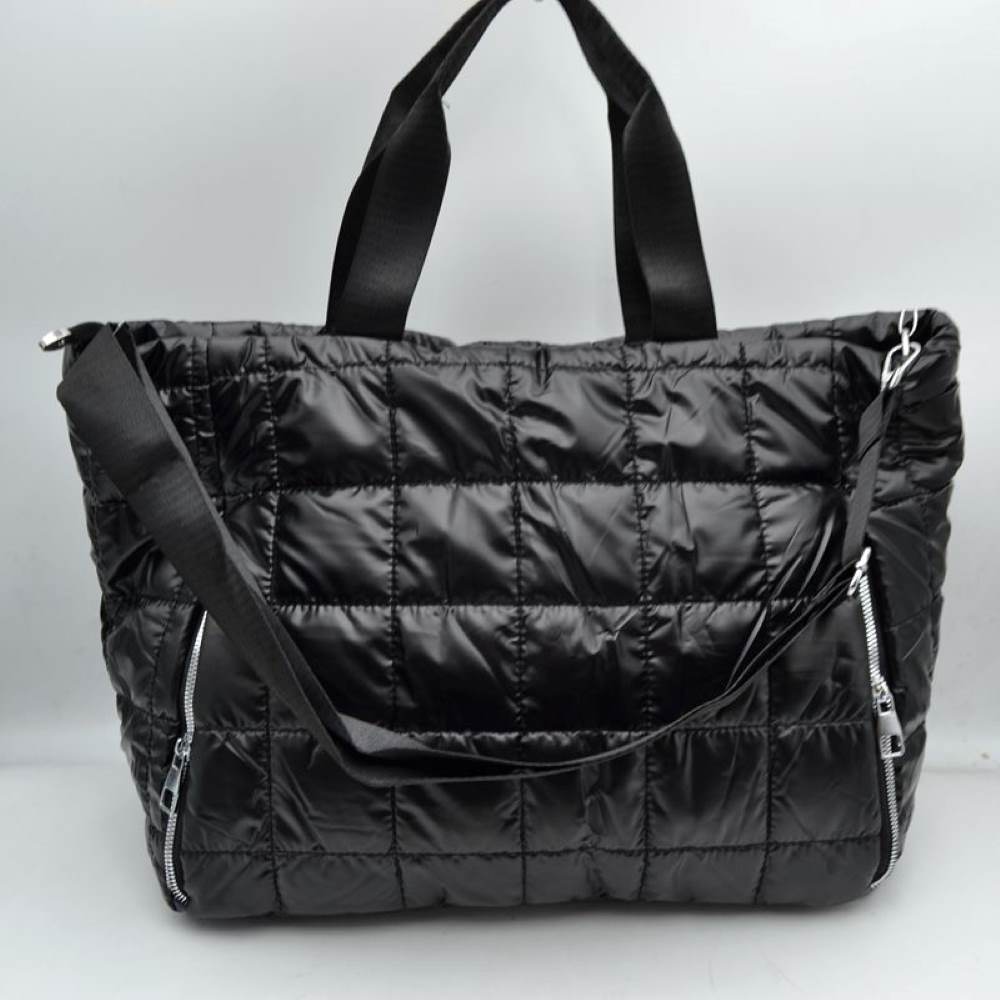 Grid Quilted Puffer Weekender Travel Duffel Bag with Exterior Zipper Pockets