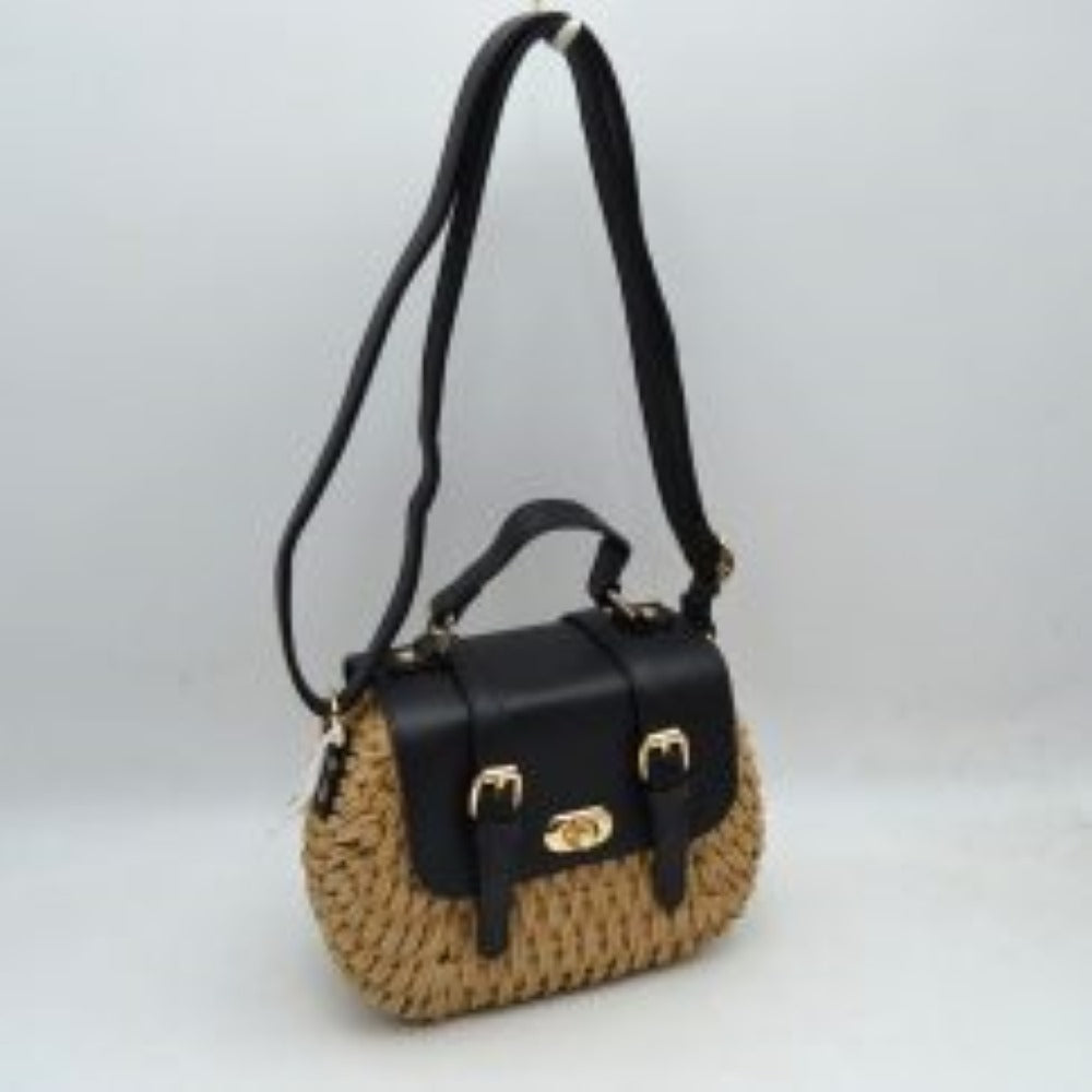 Woven Straw Satchel Bag with Faux Leather Flap and Double Buckle Accent