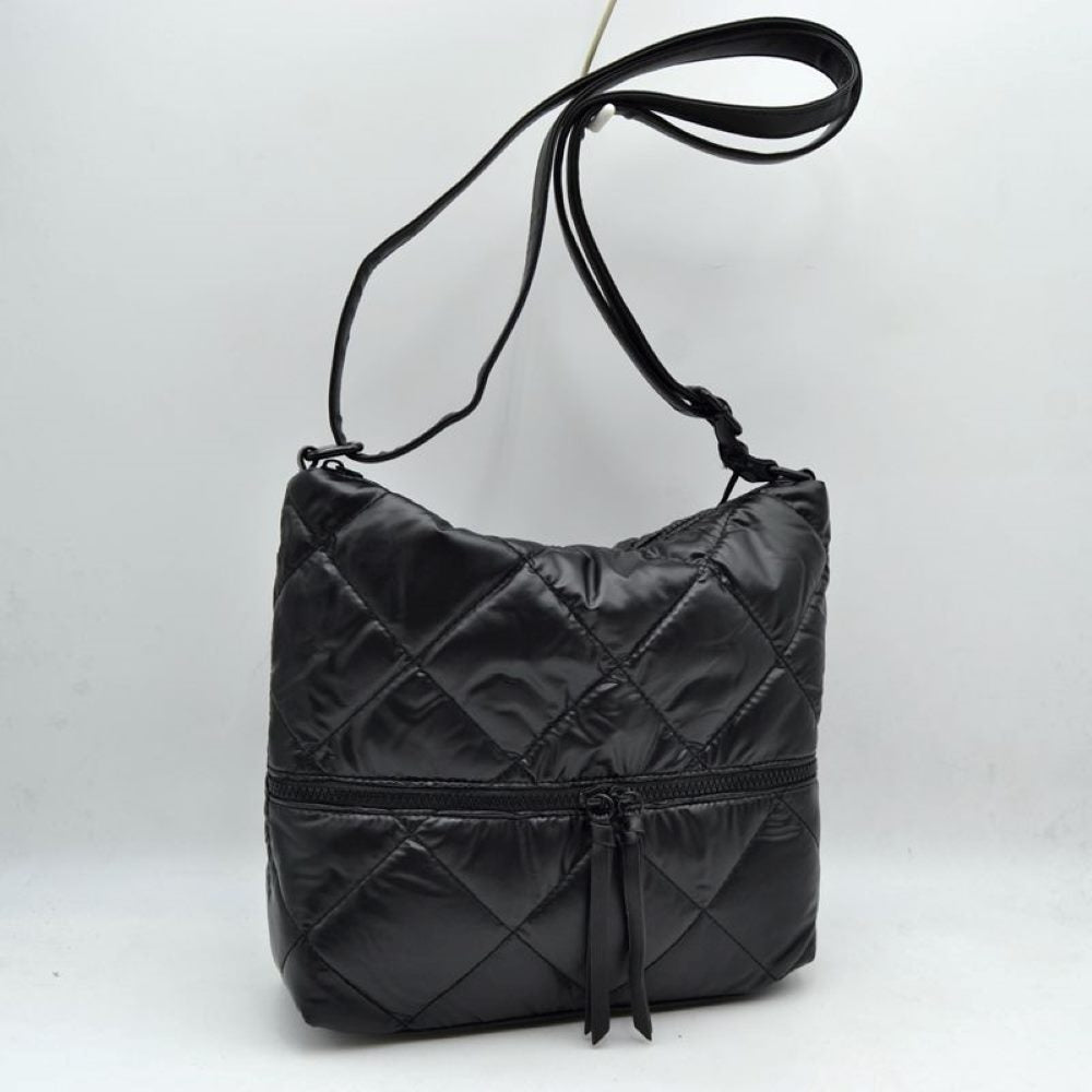 Quilted Crossbody Shoulder Bag with Front Zip Pocket and Adjustable Strap