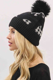 Plaid Pattern Fur Mixed Fleeced Pom Beanie Hat