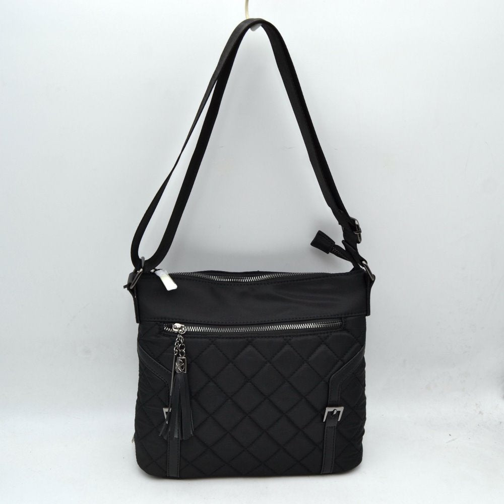 Quilted Nylon Crossbody Bag with Buckle Accents and Tassel Charm