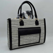 Woven Tweed Structured Laptop Tote Bag with Front Slip Pocket and Crossbody Strap