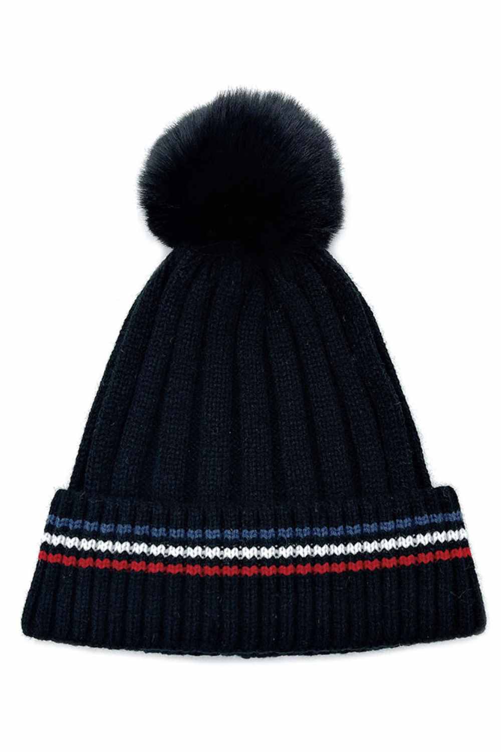 Stripe Rib Super Soft Cuff Beanie with Faux Fur Pom