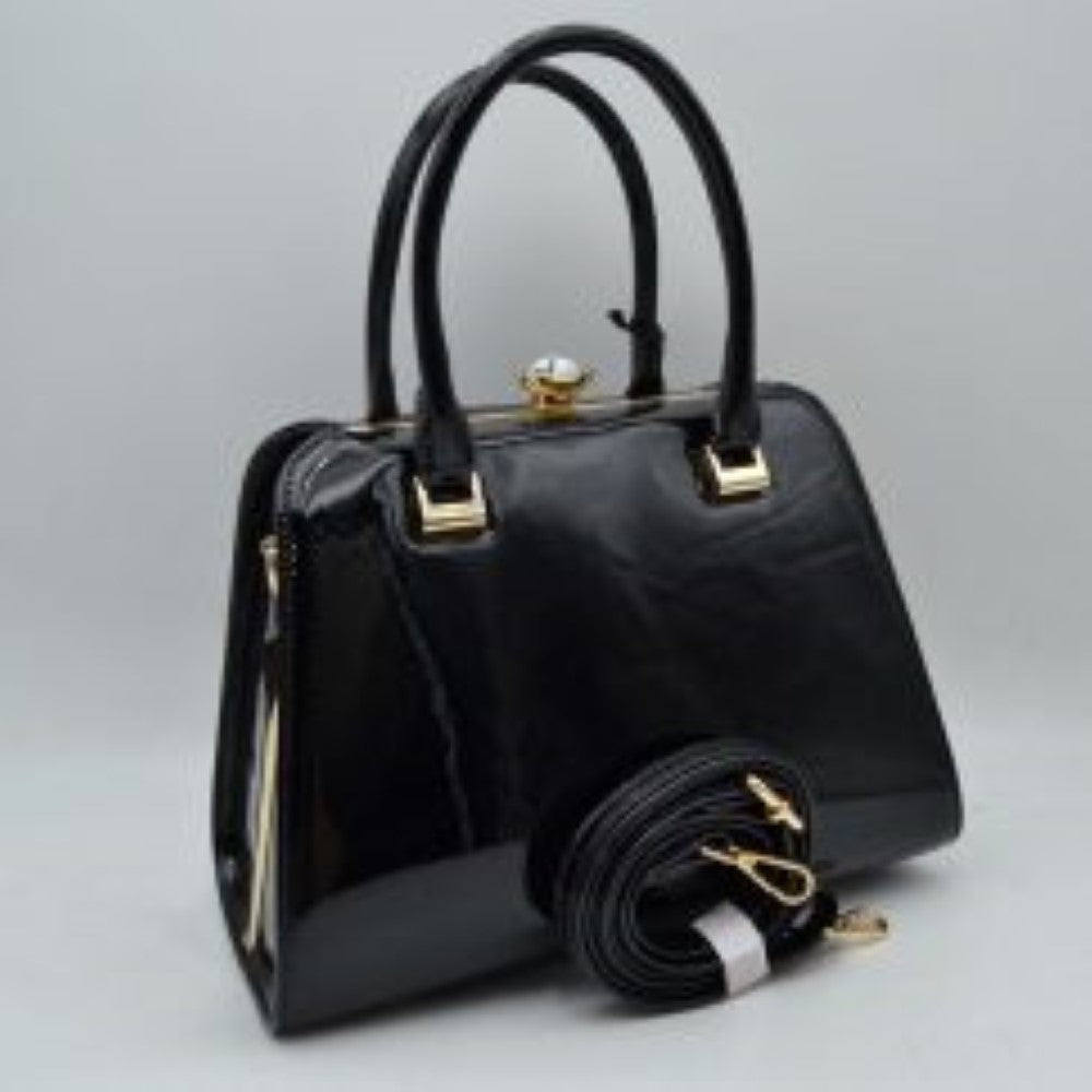 Patent Frame Satchel Handbag with Top Handles and Pearl Clasp