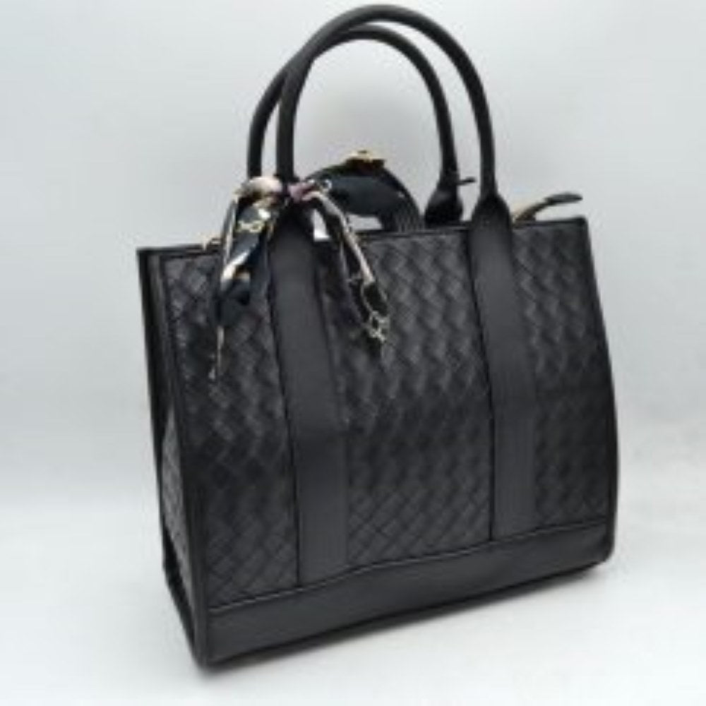 Woven Texture Tote Bag with Dual Top Handles and Scarf Accent