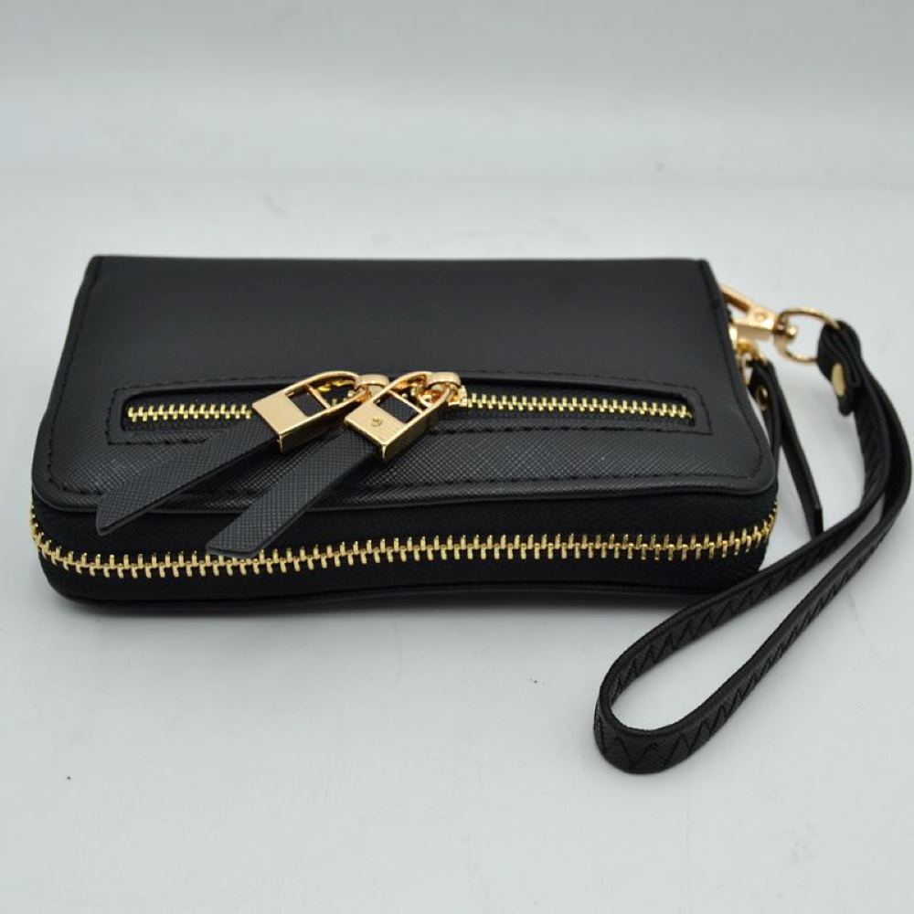 Structured Dual Zipper Wristlet Wallet Clutch with Removable Strap