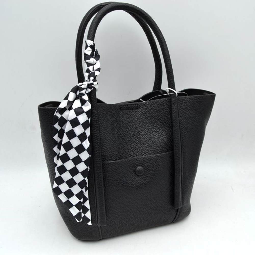 Classic Pebbled Tote Bag with Front Pocket and Checkered Scarf Accent