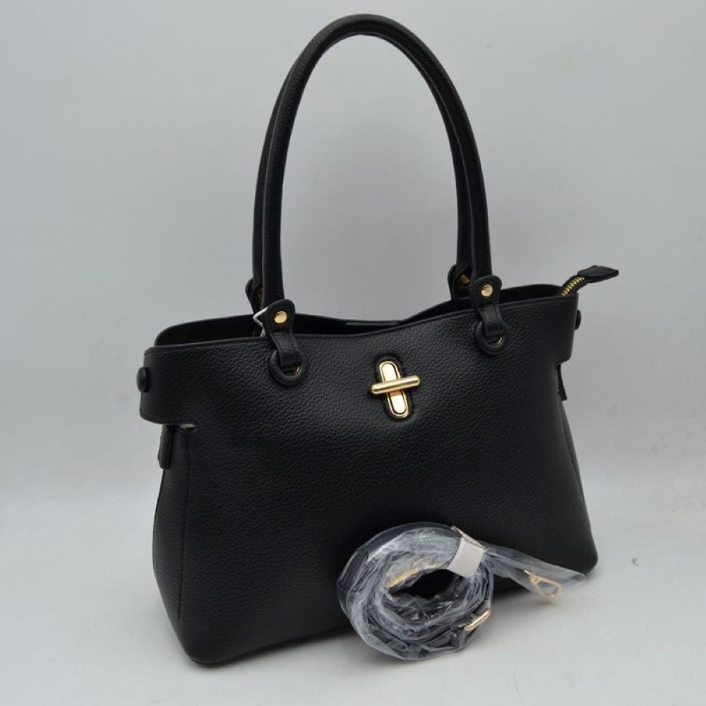 Textured Top Handle Handbag with Metallic Turn-Lock Accent