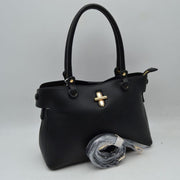 Textured Top Handle Handbag with Metallic Turn-Lock Accent