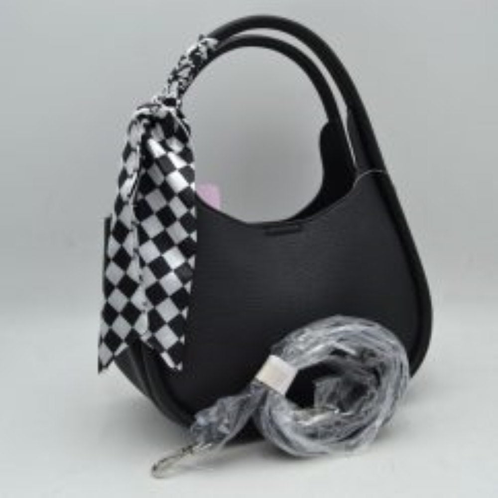 Pebble Textured Slouchy Hobo Shoulder Bag with Checkerboard Scarf Accent