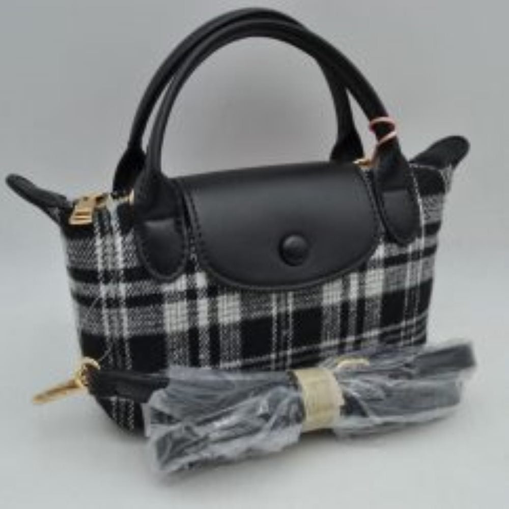 Plaid Fabric Mini Satchel Bag with Snap Flap and Shoulder Strap