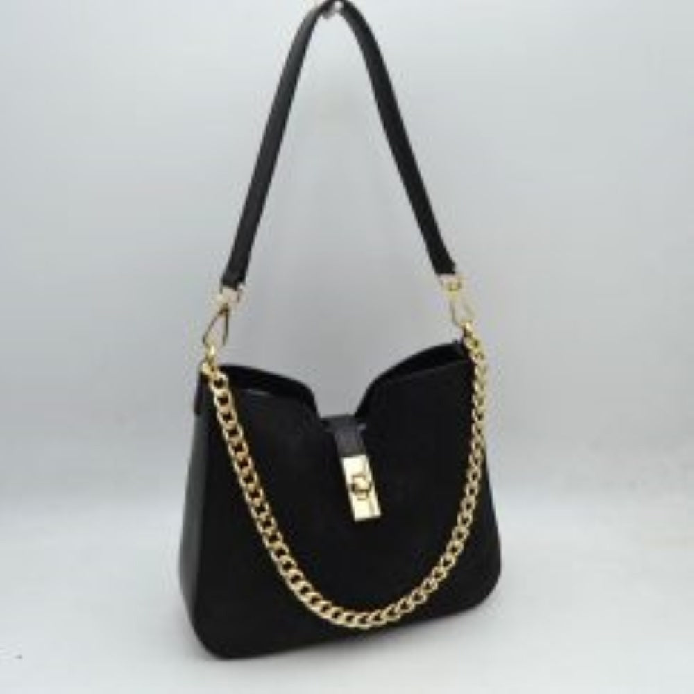 Chain Accent Shoulder Bag with Center Snap Closure
