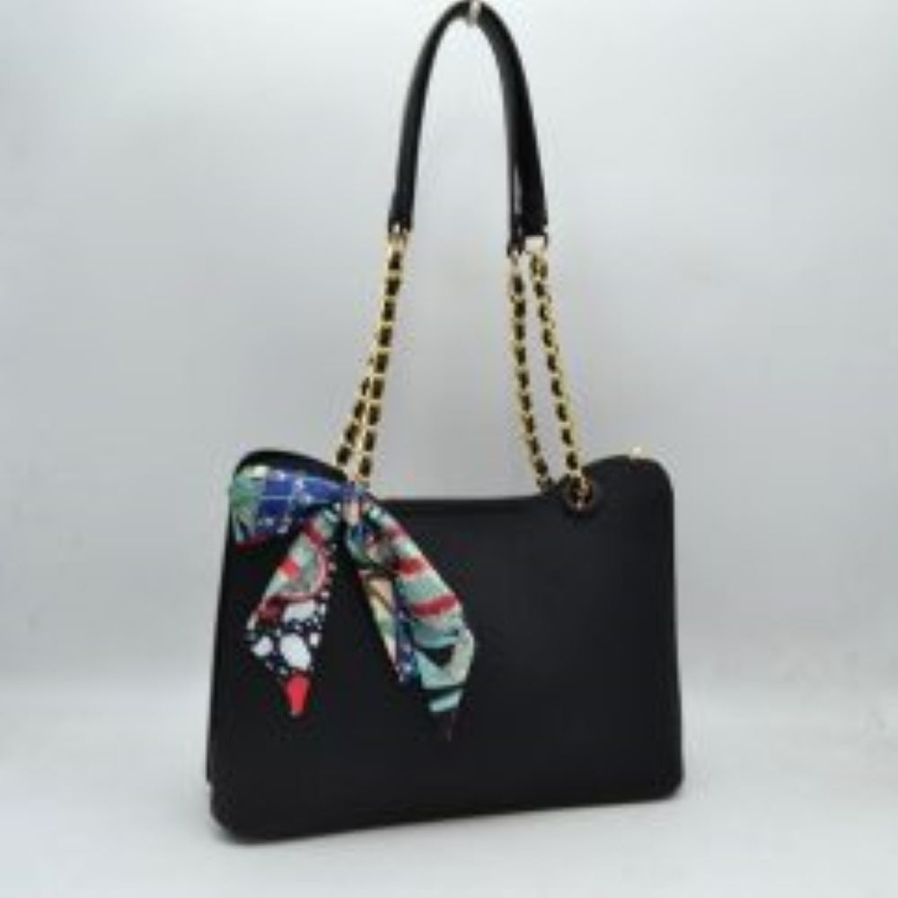 Elegant Textured Tote Bag with Chain Accent and Printed Scarf