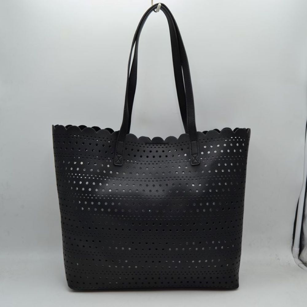 Laser-Cut Perforated Tote Bag with Scalloped Top Edge and Integrated Shoulder Straps