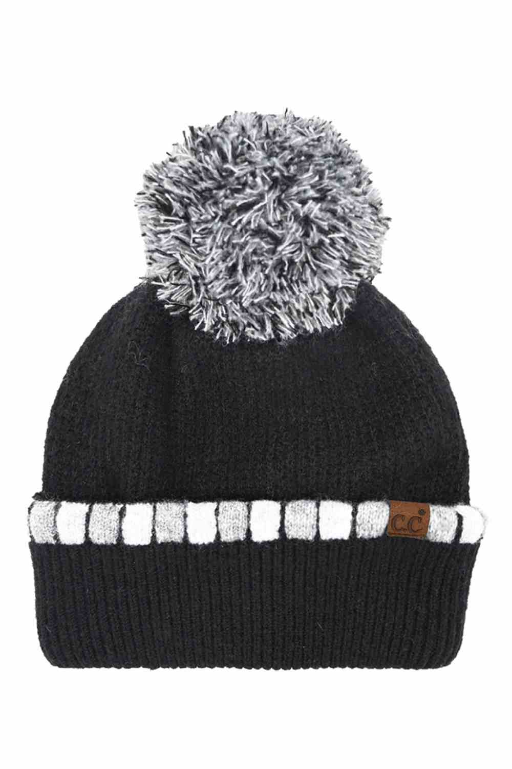 C.C Neutral Horizontal Stripe Cuffed Pom Beanie