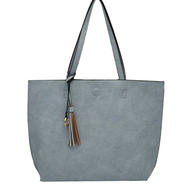 Reversible Faux Leather Tote Bag Vegan Tassel Handbag