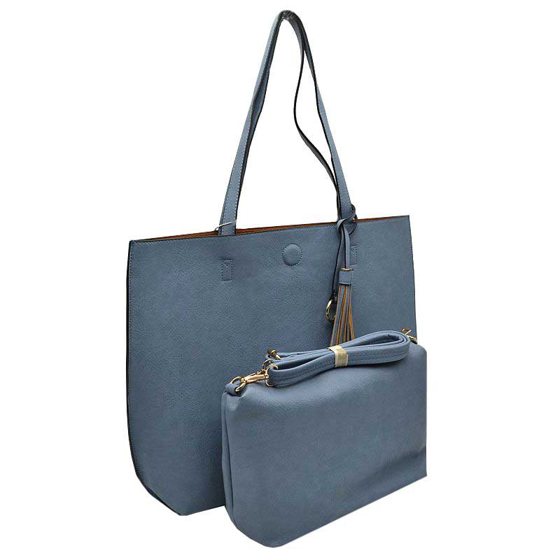 Reversible Faux Leather Tote Bag Vegan Tassel Handbag